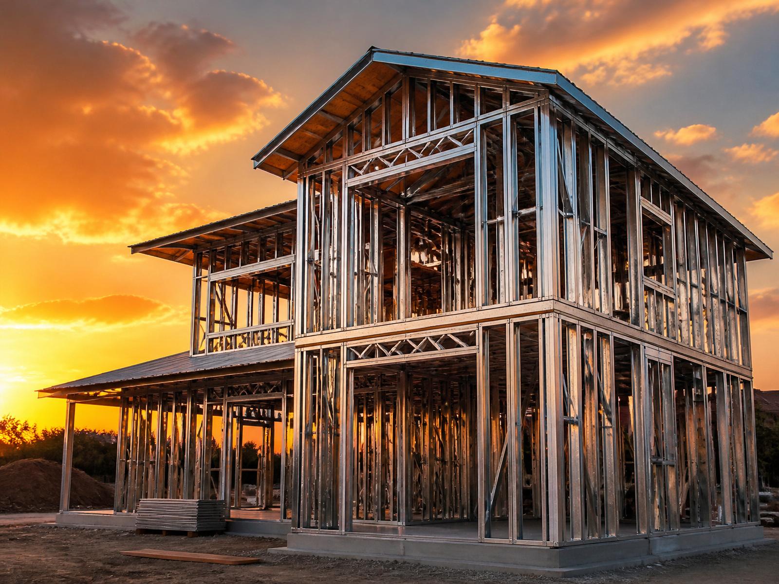 Estrutura de casa em Light Steel Frame ao pôr do sol